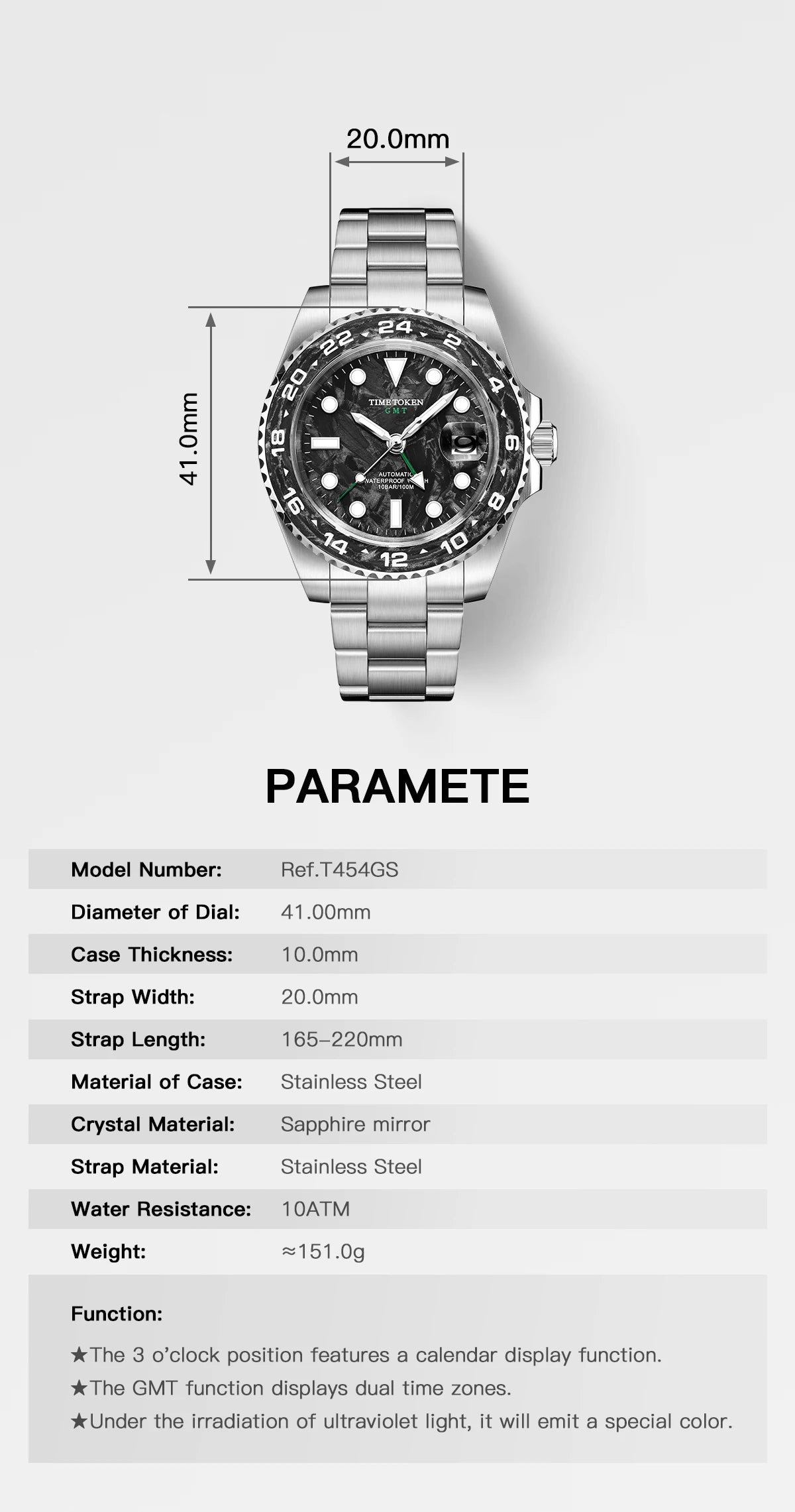 Carbon Fiber Watches Men 10Bar Waterproof Watch GMT Automatic Watches Luminous Calendar Diving Watch 41MM Watches for Man reloj