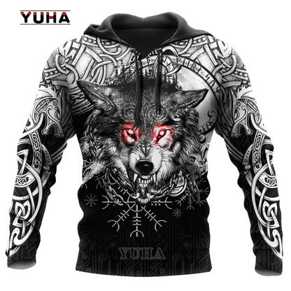 Felpa con cappuccio e felpa da uomo unisex casual autunnale New Wolf Tattoo Vegvisir nero bianco 3D con stampa integrale