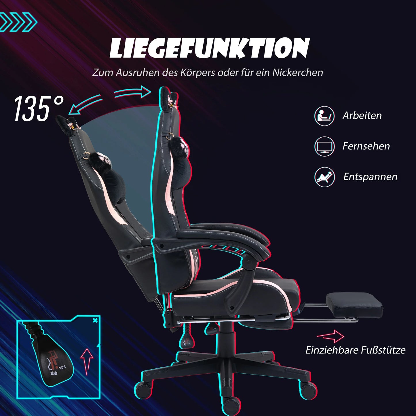 Gaming Chair with Cat Ears, Tiltable Backrest, Retractable Footrest, Maximum Load Capacity 120kg, Gaming Chair, Office Chair,