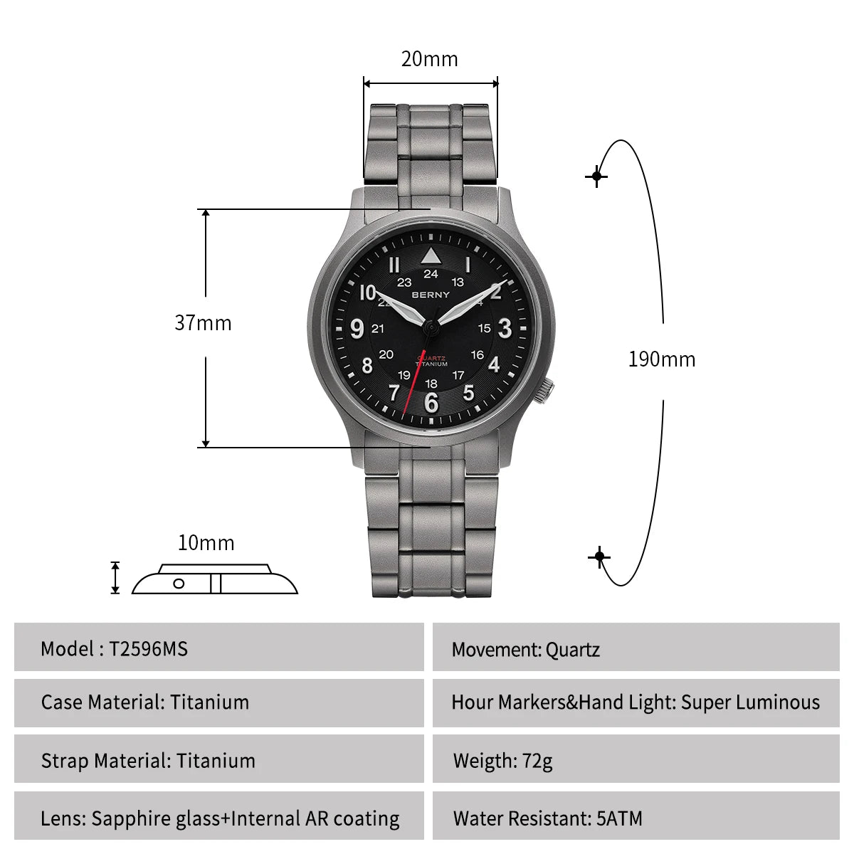 BERNY Full Titanium Watches for Men Outdoor Quartz Men's Field Wristwatch VH31 Super Luminous Sapphire Easy Read Watch