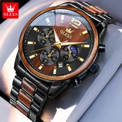 Montre homme OLEVS 3645 en bois, de luxe, avec éclairage nocturne, chronographe multifonctionnel, à quartz, style rétro, montre de sport tendance.