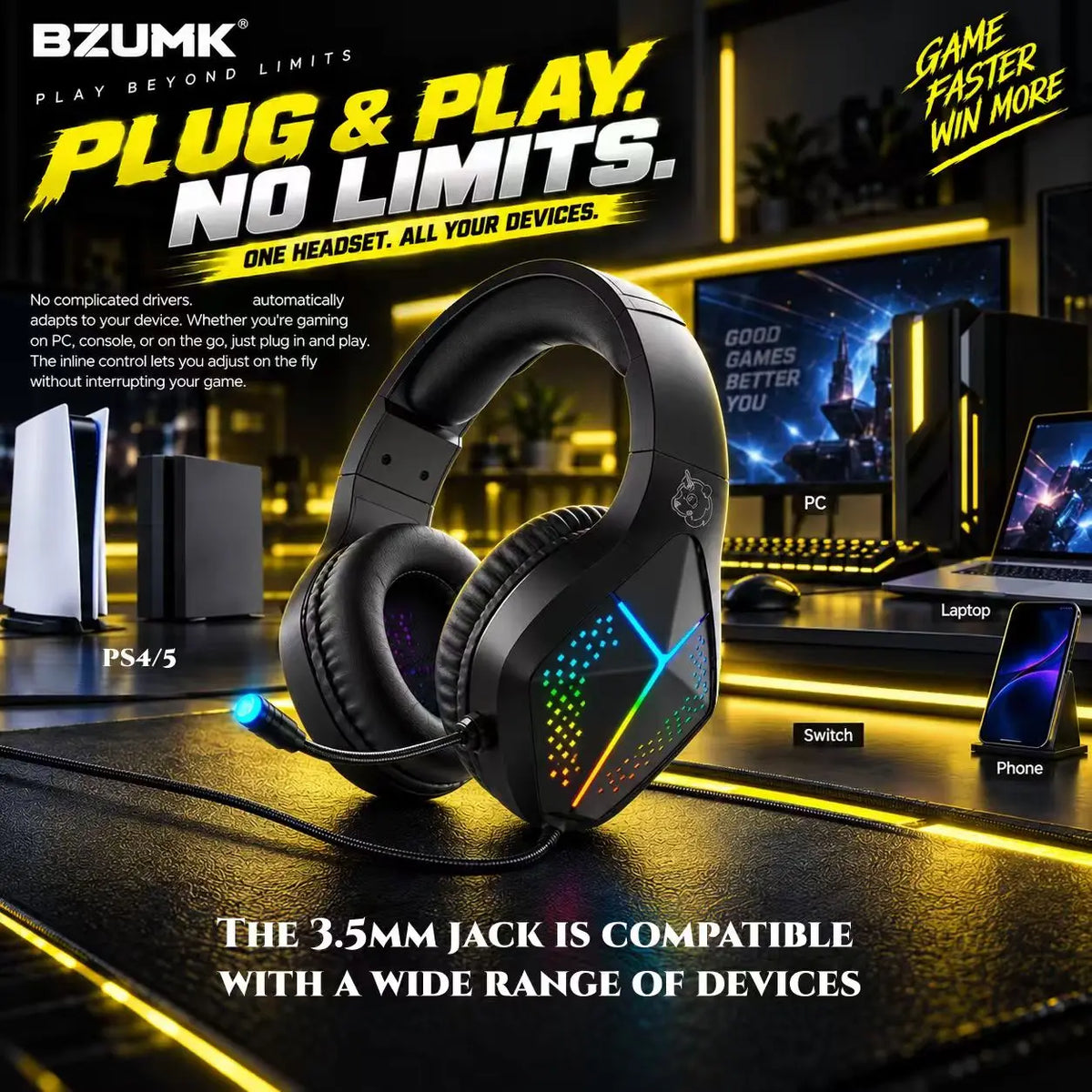 Casque de jeu filaire BZUMK H2, son surround 7.1 RGB, haut-parleurs de 50 mm, casque supra-auriculaire, microphone à réduction de bruit pour PC, PS4, PS5