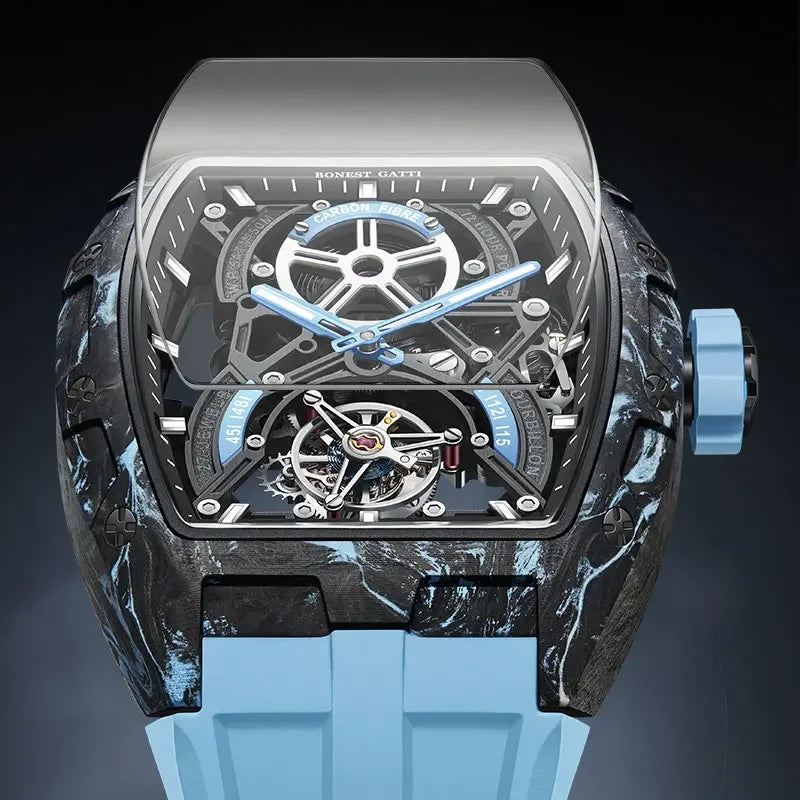 BONEST GATTI Men Automatic Mechanical Watch Skeleton Dial Sapphire Crystal Fluororubber Strap Waterproof Luminous Business watch