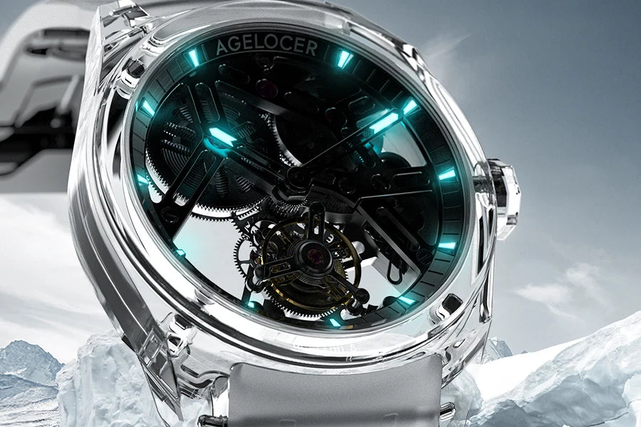 AGELOCER Limited Edition „Ice Never Melts“ Luxuriöse mechanische Handaufzugsuhr mit Free-sprung Crystal Tourbillon