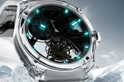 AGELOCER Limited Edition „Ice Never Melts“ Luxuriöse mechanische Handaufzugsuhr mit Free-sprung Crystal Tourbillon
