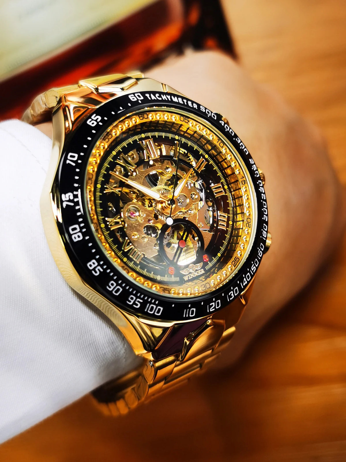 Reloj automático para hombre WINNER: modelo esqueleto transparente, agujas luminiscentes, correa de acero inoxidable, reloj mecánico de marca de lujo