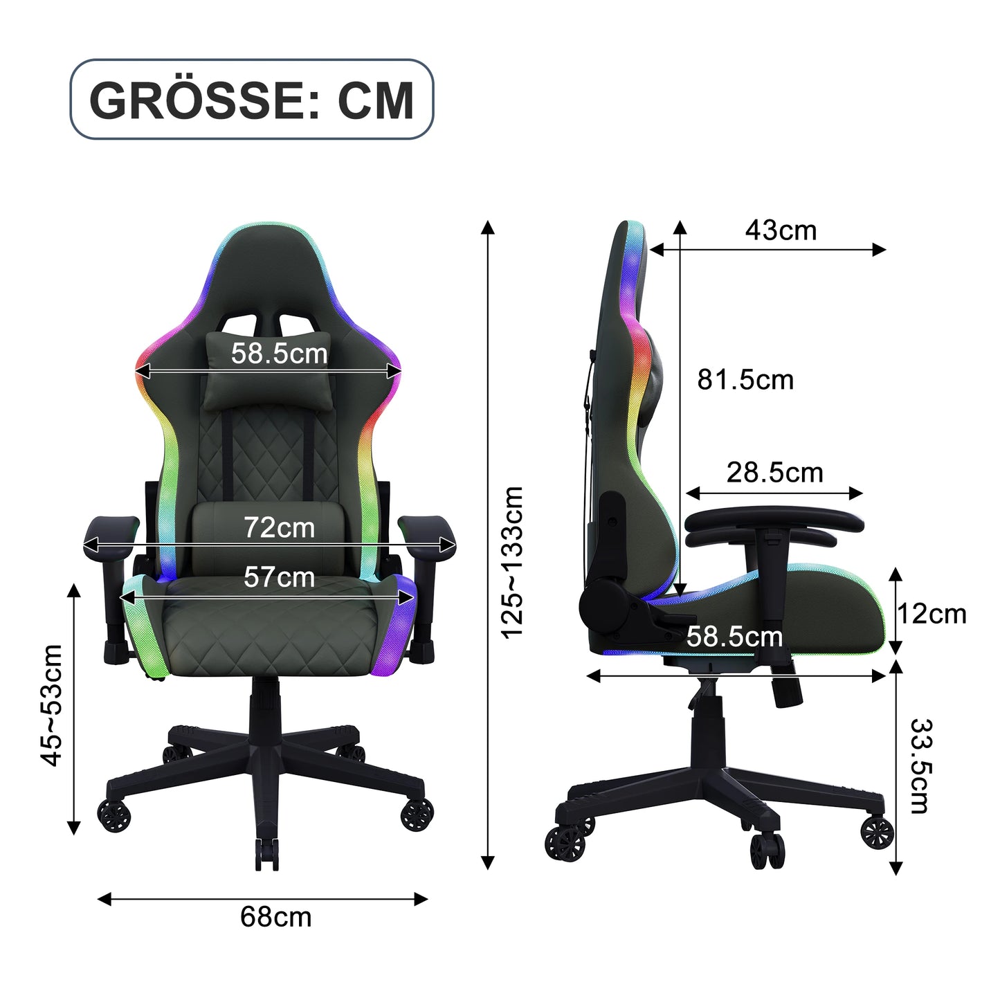 LED Gaming Chair - Ergonomic Office Chair with Massage Function, Adjustable Backrest (90-135°), for Gamers up to 150 kg, Black