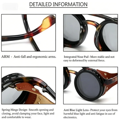 Adjustable 9-Gear ND Filter Steampunk Sunglasses UV400 Round Retro Punk Sun Glasses with Side Shields Leather Patch for Men Wome