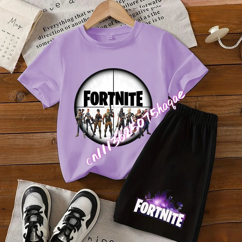 Summer Kids Game Fortnite T-Shirt Suit Anime Short Sleeve Shorts 2 Piece Summer Children Cotton Casual Sportswear Gifts