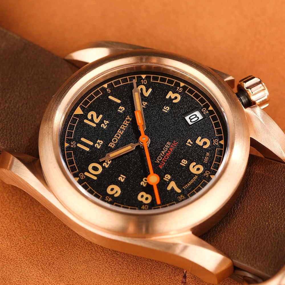 Boderry Field Watches Bronze Case Automatic Mechanical VOYAGER Watch Men's 100M Waterproof Clock Military Top Brand Wristwatch