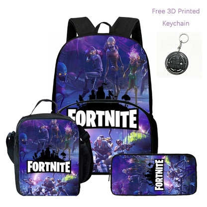 Conjunto FORTNITE leve de 3 peças: mochila com bolso frontal, lancheira e estojo, com porta-chaves 3D impresso grátis, para meninos, meninas e crianças dos 5 aos 10 anos