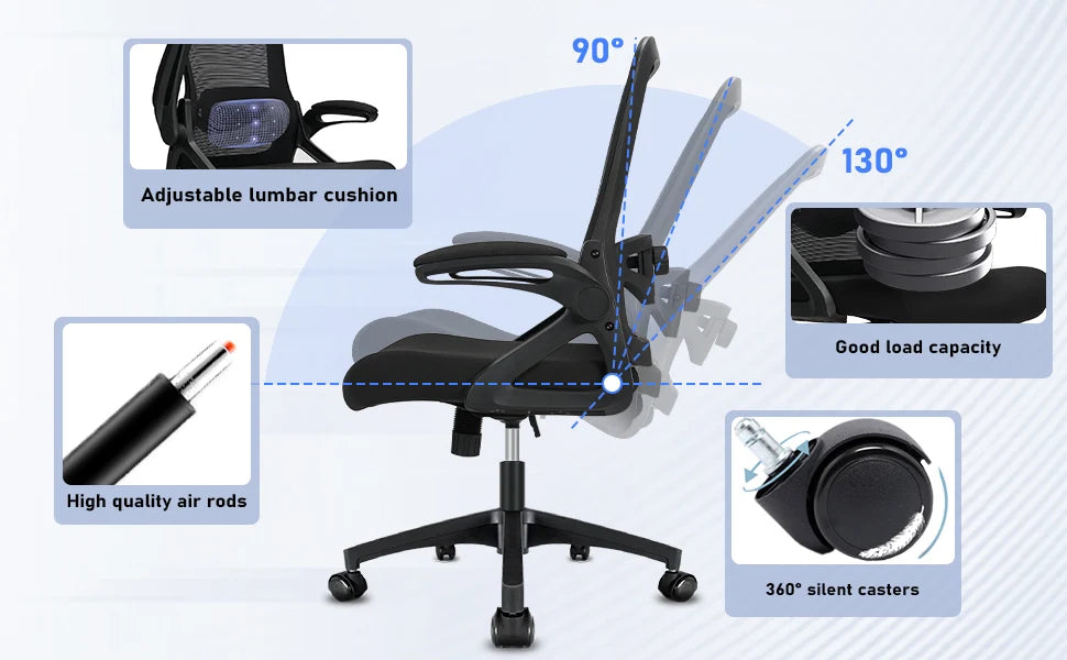 Milacyee Ergonomic Office Chair with Lumbar Support, Adjustable Desk Chair, 90° Flip-Up Armrest, Height Adjustable Mesh Executive Chair