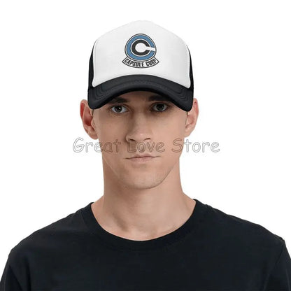 „Capsule Corp“ tinklinės beisbolo kepurės, unisex, hip-hop stiliaus „trucker“ kepurės, anime DBZ stiliaus „dad hat“ kepurės, reguliuojamos lenktyninės kepurės, vasarinės „trucker“ kepurės su užsegimu