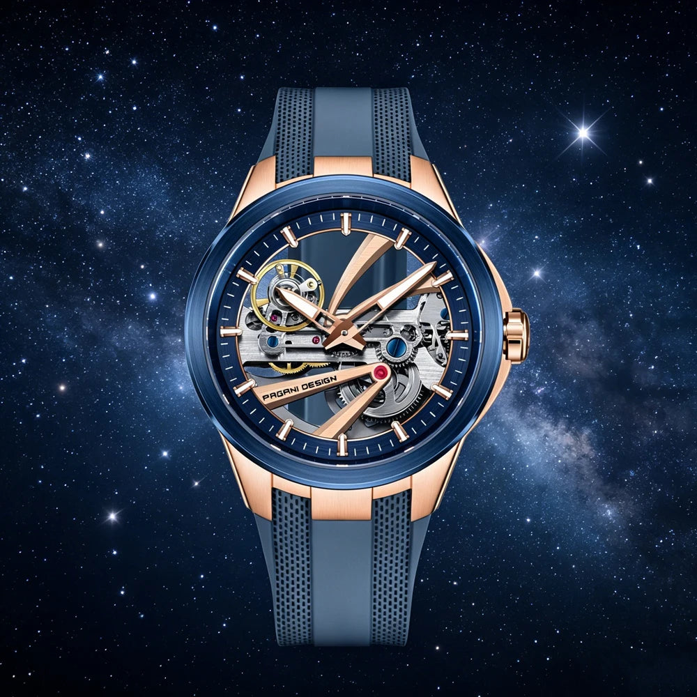 PAGANI DESIGN herreur – Luksuriøst mekanisk ur med automatisk optræk, af typen »skelet« (med synligt urværk), udstyret med en tourbillon, safirglas med antirefleksbehandling, vandtæt og selvlysende.