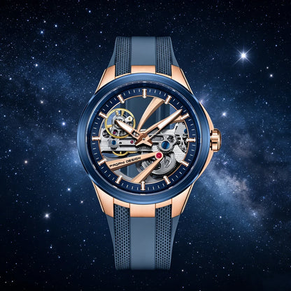 PAGANI DESIGN herreur – Luksuriøst mekanisk ur med automatisk optræk, af typen »skelet« (med synligt urværk), udstyret med en tourbillon, safirglas med antirefleksbehandling, vandtæt og selvlysende.
