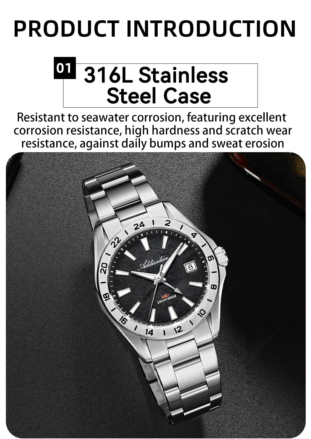 ADDIESDIVE GMT Men Quartz Watch Sapphire Crystal Swiss Ronda 515-24H Dual Time BGW9 Super Luminous 20Bar Waterproof Diver Watch
