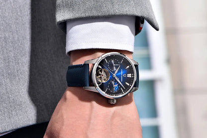 PAGANI DESIGN – Luxe mechanisch herenhorloge, 41 mm, saffierglas, leren band, waterdicht, pilotenstijl, met tourbillon en maanfase