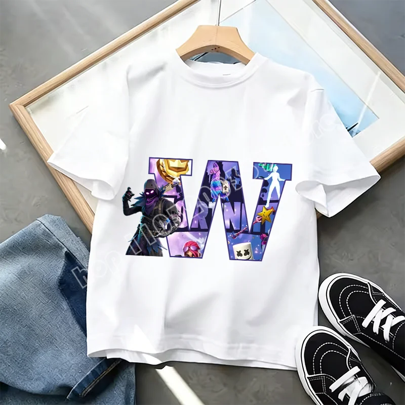 Fortnite A-Z Alphabet Print T Shirt Summer Kids White Clothing Popular Cartoon Game T Shirt Fashion Casual Short Sleeve Top Gift