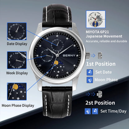 BERNY Men's Watch Date Weeks Moon Phase Quartz Watches for Men Stainless Steel Leather Strap Business Wristwatch Male Clock