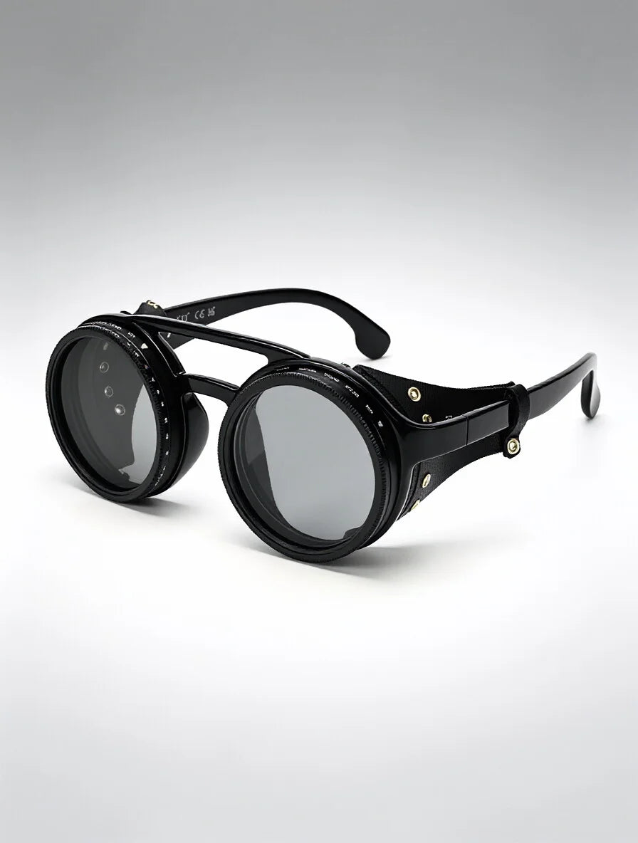 Adjustable 9-Gear ND Filter Steampunk Sunglasses UV400 Round Retro Punk Sun Glasses with Side Shields Leather Patch for Men Wome