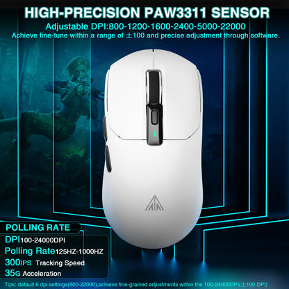 SOLAKAKA SM820 trådlös mus i tre lägen med magnetisk laddningsdocka, RGB, PAW3311, 24000DPI, trådlös makro-gamingmus, ultralätt