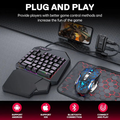 Gamer Kit Mobile Gaming Keyboard Mouse Mobile Games Converter 3 In 1 Combo One Hand Keyboard for PUBG Mobile Games TF900