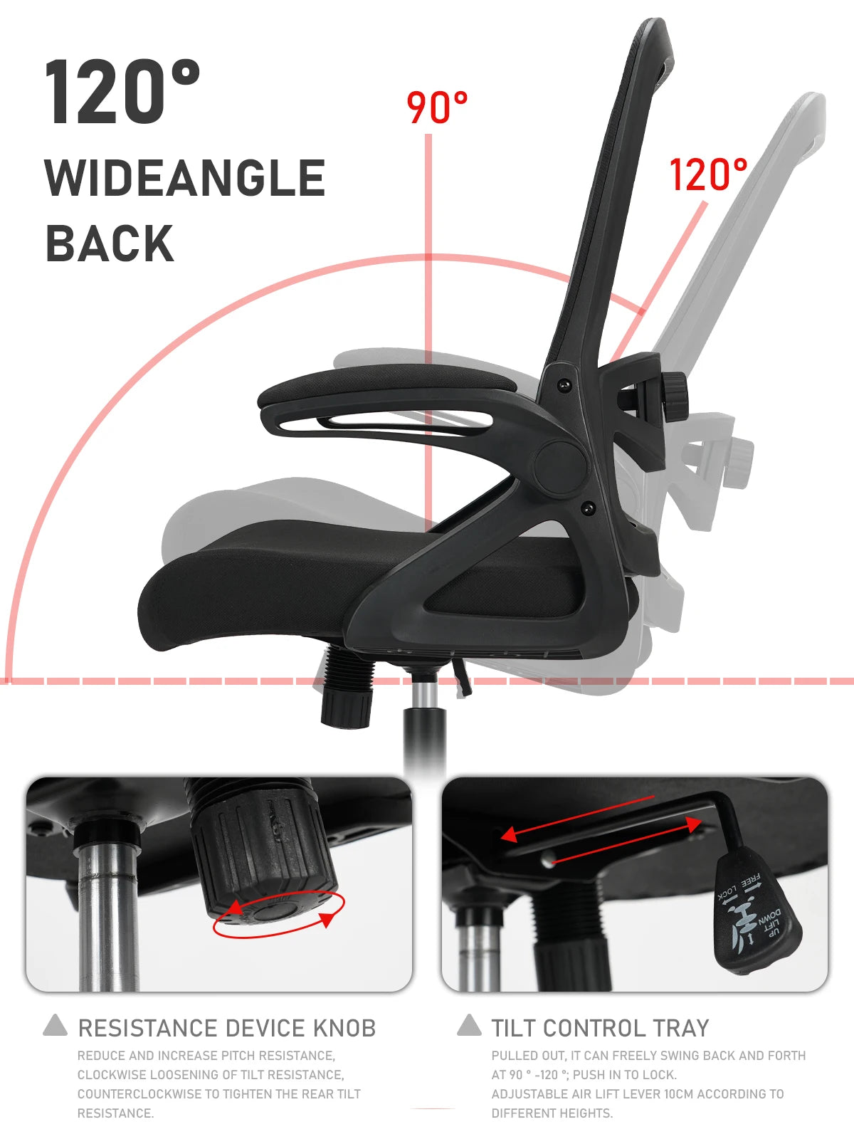 Milacyee Ergonomic Office Chair with Lumbar Support, Adjustable Desk Chair, 90° Flip-Up Armrest, Height Adjustable Mesh Executive Chair