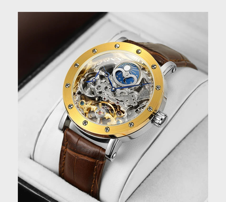 Męski zegarek na rękę SKROX z mechanizmem automatycznym, model szkieletowy z funkcją GMT, fazami księżyca i tourbillonem – elegancki i oryginalny zegarek luksusowy z najwyższej półki.