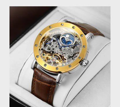 Męski zegarek na rękę SKROX z mechanizmem automatycznym, model szkieletowy z funkcją GMT, fazami księżyca i tourbillonem – elegancki i oryginalny zegarek luksusowy z najwyższej półki.