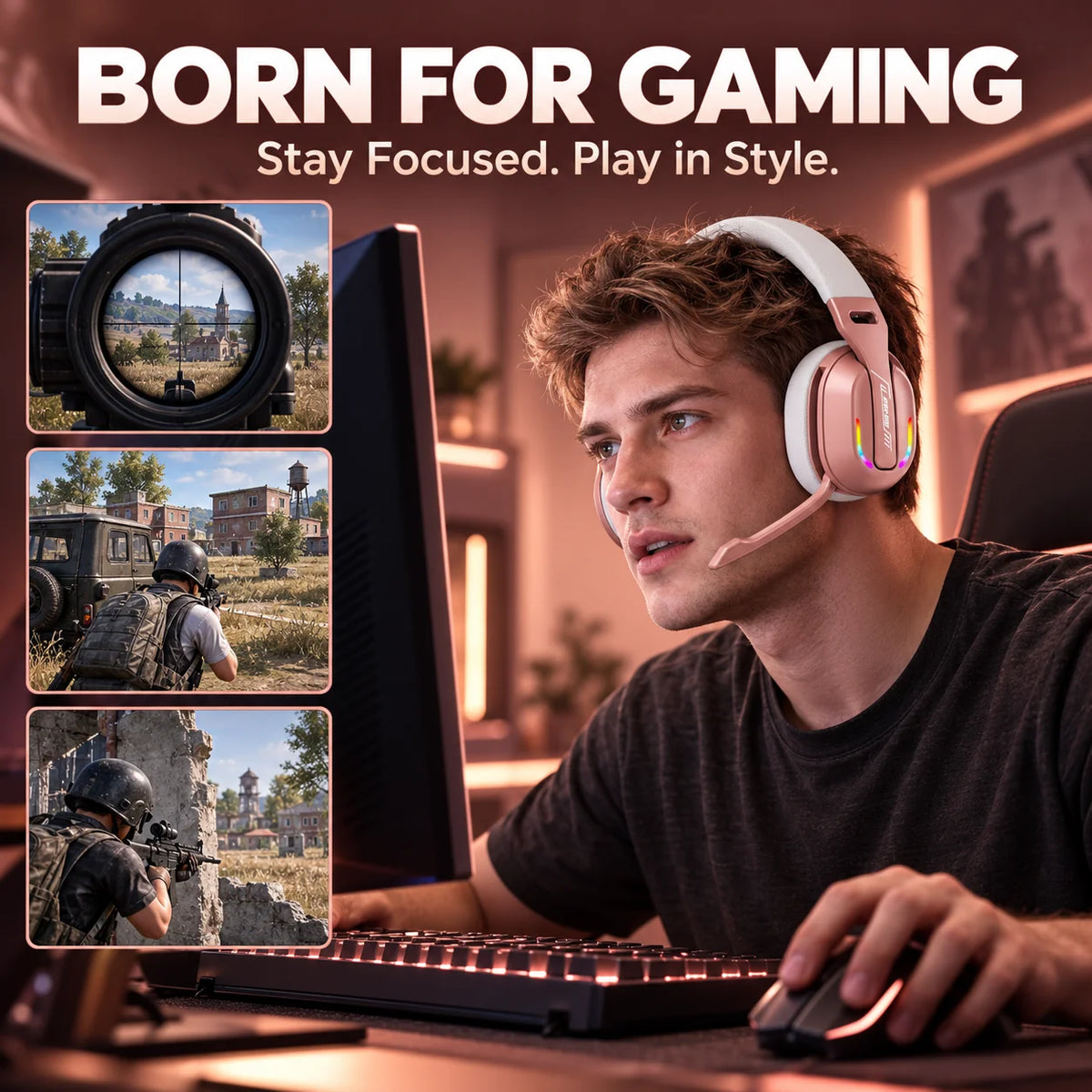 Casque de jeu, casque supra-auriculaire Bluetooth et filaire avec éclairage RGB, microphone, coussinets d’oreille souples pour jeux sur PC et mobile, couleur or rose.