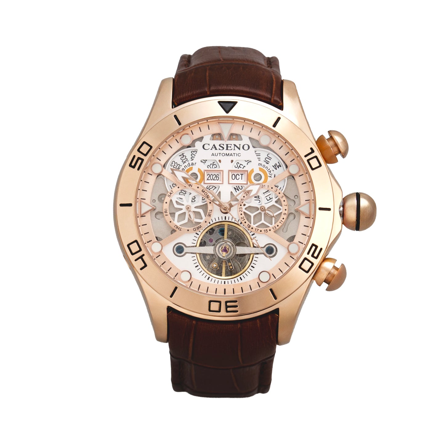 CASENO Brand Bubble Perpetual Calendar Fully Automatic Tourbillon Large Dial Mechanical Watch Belt Watch -58284G