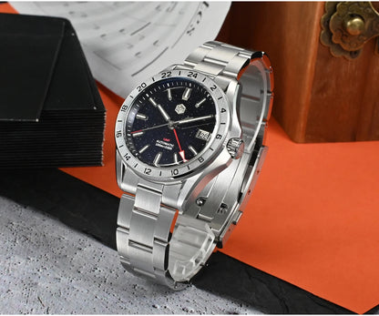 Relógio de Luxo para Homem San Martin 39mm com Mostrador em Pedra Aventurina, NH34 GMT Automático Mecânico, Safira, Impermeável e Luminescente SN0129