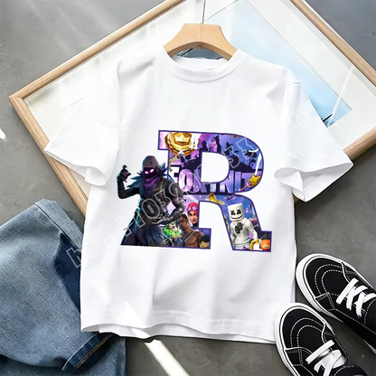 Fortnite A-Z Alphabet Print T Shirt Summer Kids White Clothing Popular Cartoon Game T Shirt Fashion Casual Short Sleeve Top Gift