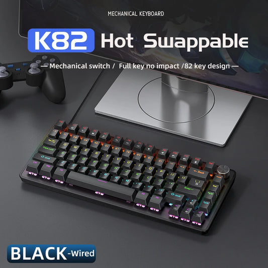 75% Mechanical Keyboard Wired with Media Knob APAYADO Black Gaming Keyboard Hot-Swap ABS Cap Transparent Character Backlighting