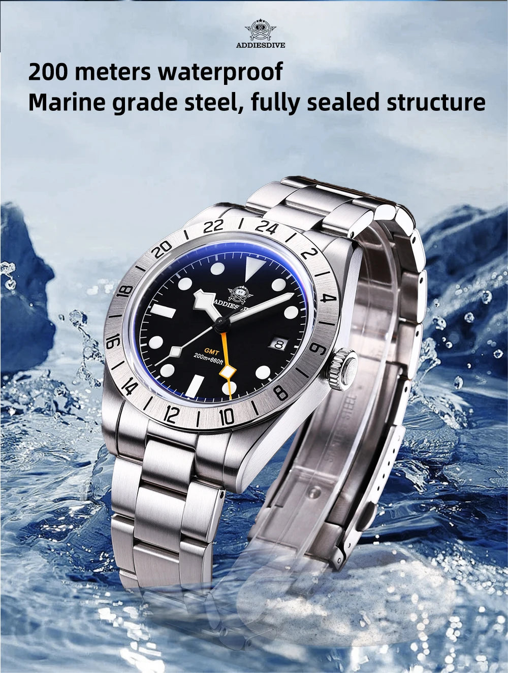 ADDIESDIVE New Luxury Men's Watch 200 Waterproof Stainless Steel Quartz Watch BGW9 Super Blue Luminous GMT Stainless Steel Watch