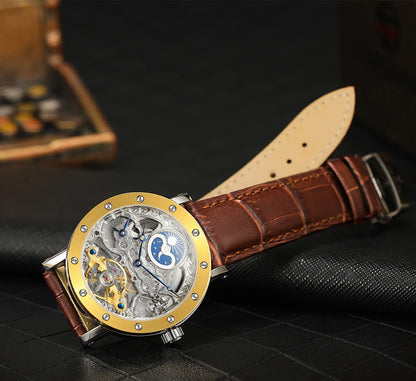 Męski zegarek na rękę SKROX z mechanizmem automatycznym, model szkieletowy z funkcją GMT, fazami księżyca i tourbillonem – elegancki i oryginalny zegarek luksusowy z najwyższej półki.