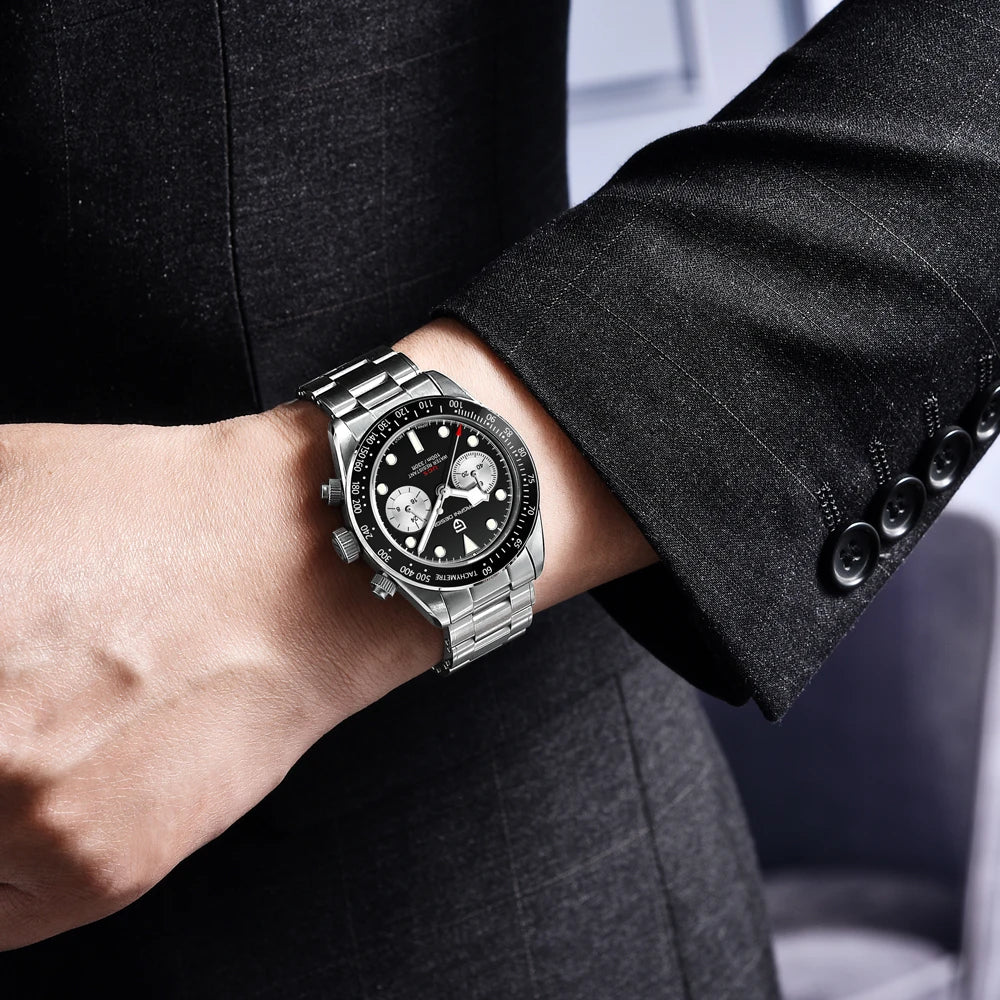 PAGANI DESIGN herreur „Panda“ – Luksus-kvarts-kronograf, vandtæt, safirglas med antirefleksbehandling, selvlysende sportsur