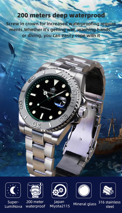 ADDIESDIVE Luxury Men's Diver Steel Watch 200m Waterproof Ceramic Bezel Analog Watch BGW9 Luminous Business Quartz Watch AD2040