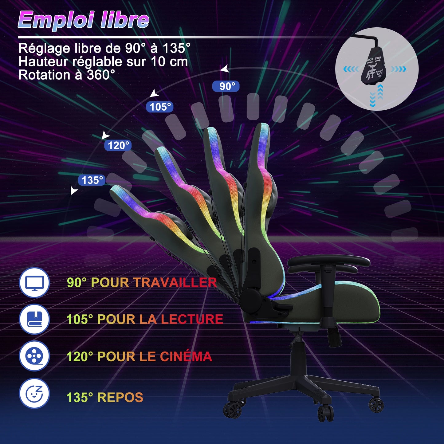 Rosahqnda Gaming Chair with Massage Function, Adjustable backrest,Computer Chair,with ambient light,Lumbar Cushion, Pillow,150 KG