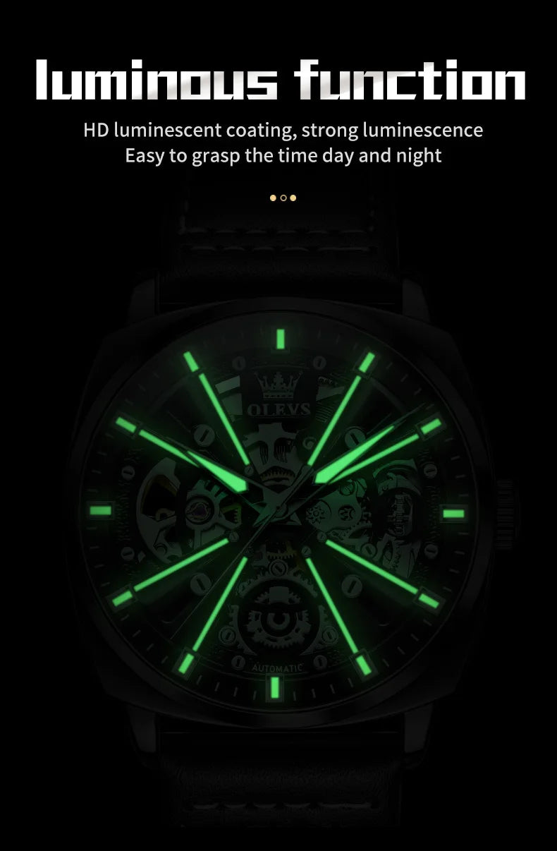 OLEVS 6685 Men's Watches Mechanical Wristwatch 30m Waterproof Luminous Leather Strap Original Man Watch