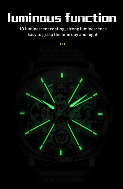 OLEVS 6685 Men's Watches Mechanical Wristwatch 30m Waterproof Luminous Leather Strap Original Man Watch
