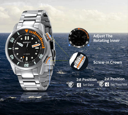 BERNY Automatic Dive Watch for Men Super Luminous 20ATM Diver Wristwatch Original Top Sapphire Swim Sport Mechanical Male Watch