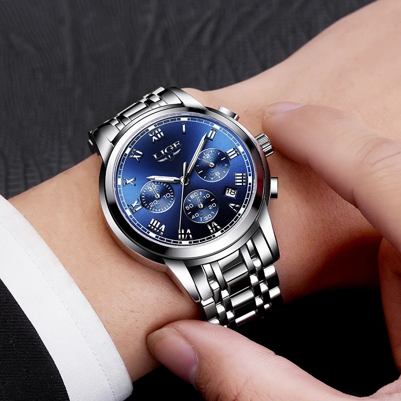 Montre pour homme LIGE – Chronographe de luxe, style sport décontracté, étanche, entièrement en acier, mouvement à quartz