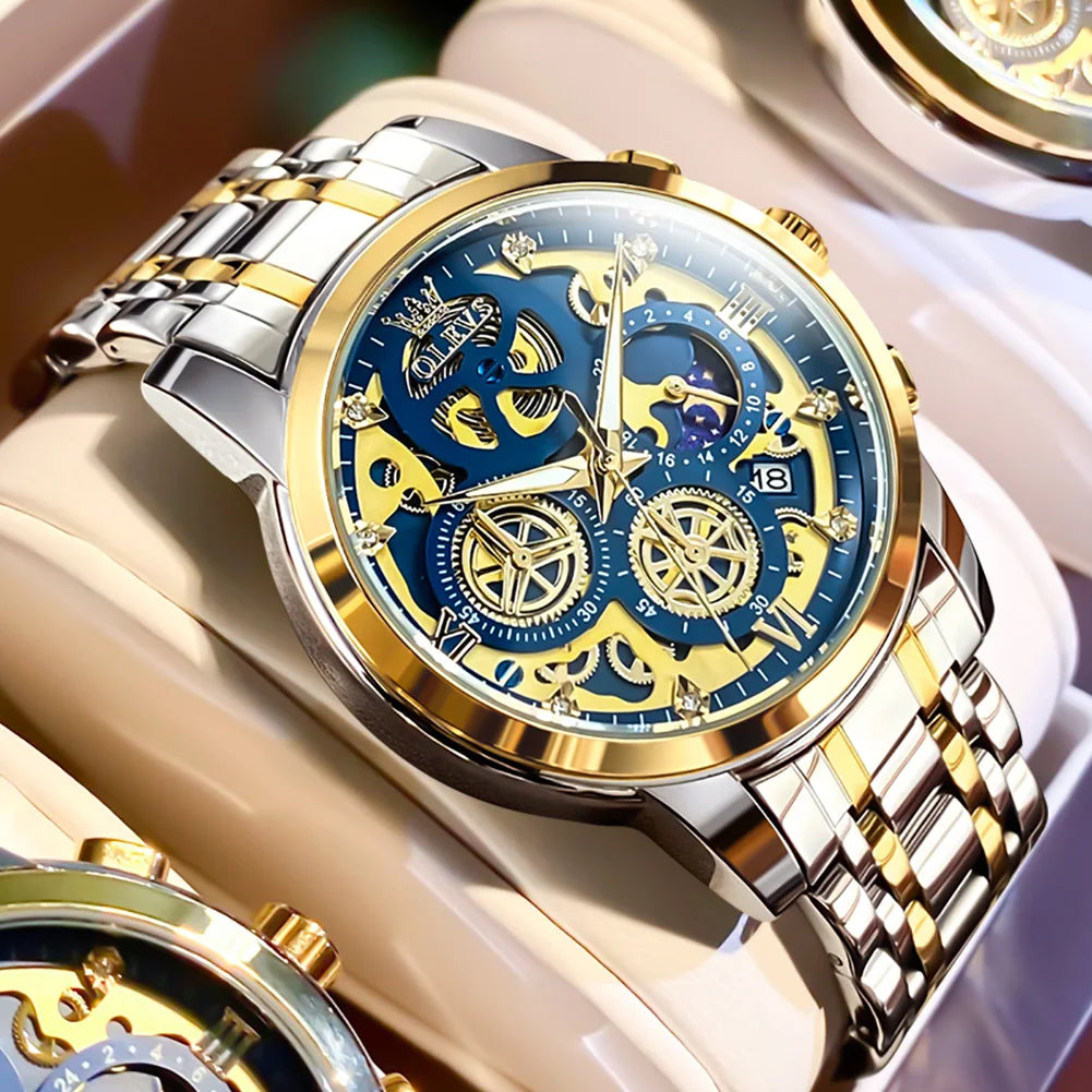 OLEVS men’s watch – Luxury model, water-resistant, quartz, skeletonised style, 24-hour display (day/night), gold colour