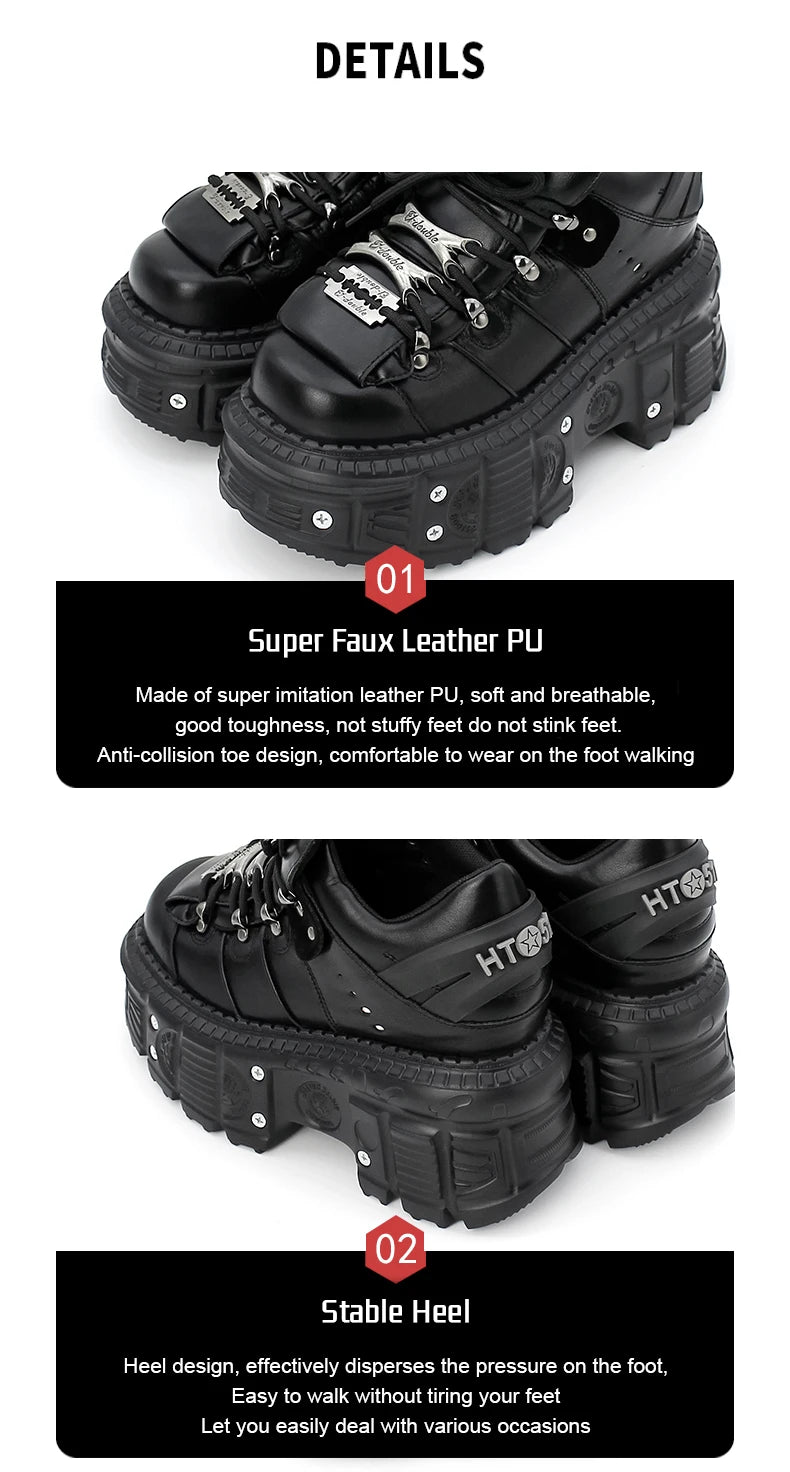 Damskor i punkstil, snörning, klackhöjd 6 cm, platåskor, gotiska ankelstövlar för kvinnor, rockstövlar, metalldekor, damsneakers