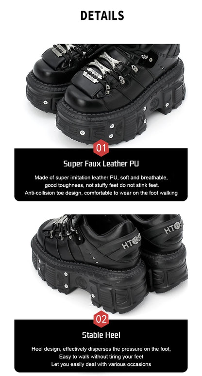 Damskor i punkstil, snörning, klackhöjd 6 cm, platåskor, gotiska ankelstövlar för kvinnor, rockstövlar, metalldekor, damsneakers