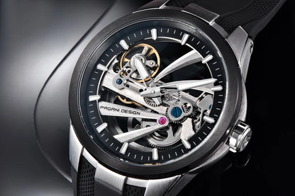 PAGANI DESIGN herreur – Luksuriøst mekanisk ur med automatisk optræk, af typen »skelet« (med synligt urværk), udstyret med en tourbillon, safirglas med antirefleksbehandling, vandtæt og selvlysende.