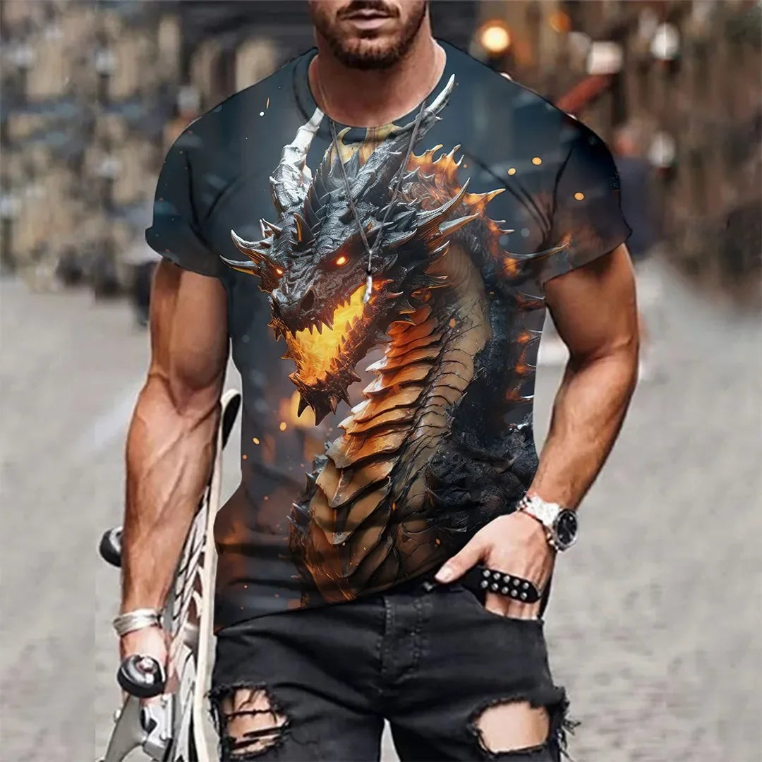 T-shirt nova de verão para homem com gola redonda, estampado 3D de dragão mágico em chamas, casual, respirável, leve, versátil e de manga curta