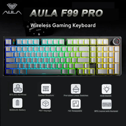 AULA F99 Pro Tastiera meccanica da gaming e-sport, tre modalità, RGB, hot-swappable, 96%, PBT, tastiera wireless personalizzata con manopola multimediale