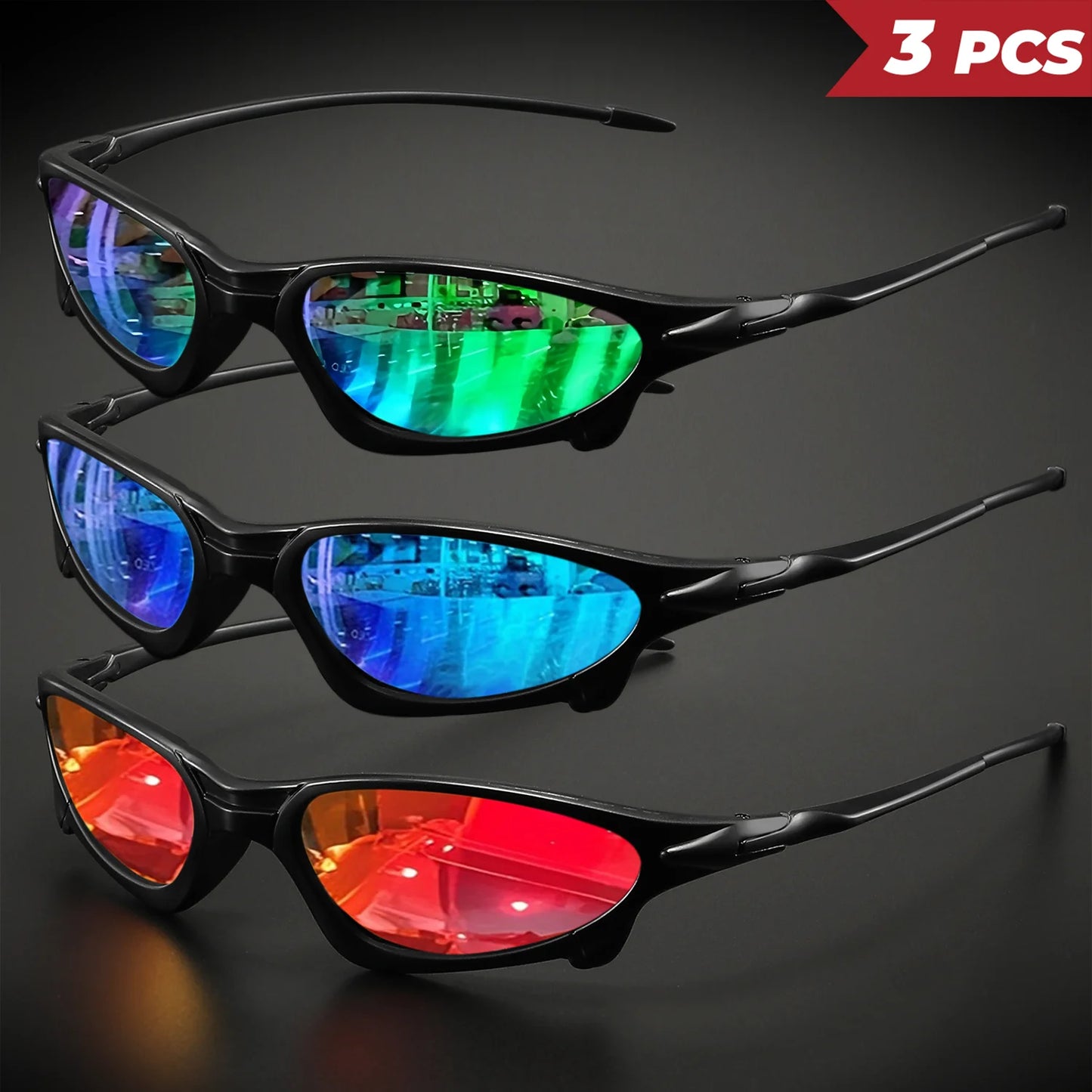 3PCS Futuristic Small Frame Colorful Sports Sunglasses - Wraparound Fit, UV400 for Cycling, Fishing & Travel